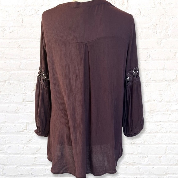 KNOX Rose Crochet Lace Tassel Tie Long Sleeve Peasant Top Size XS Plum Bohomian - Picture 4 of 9